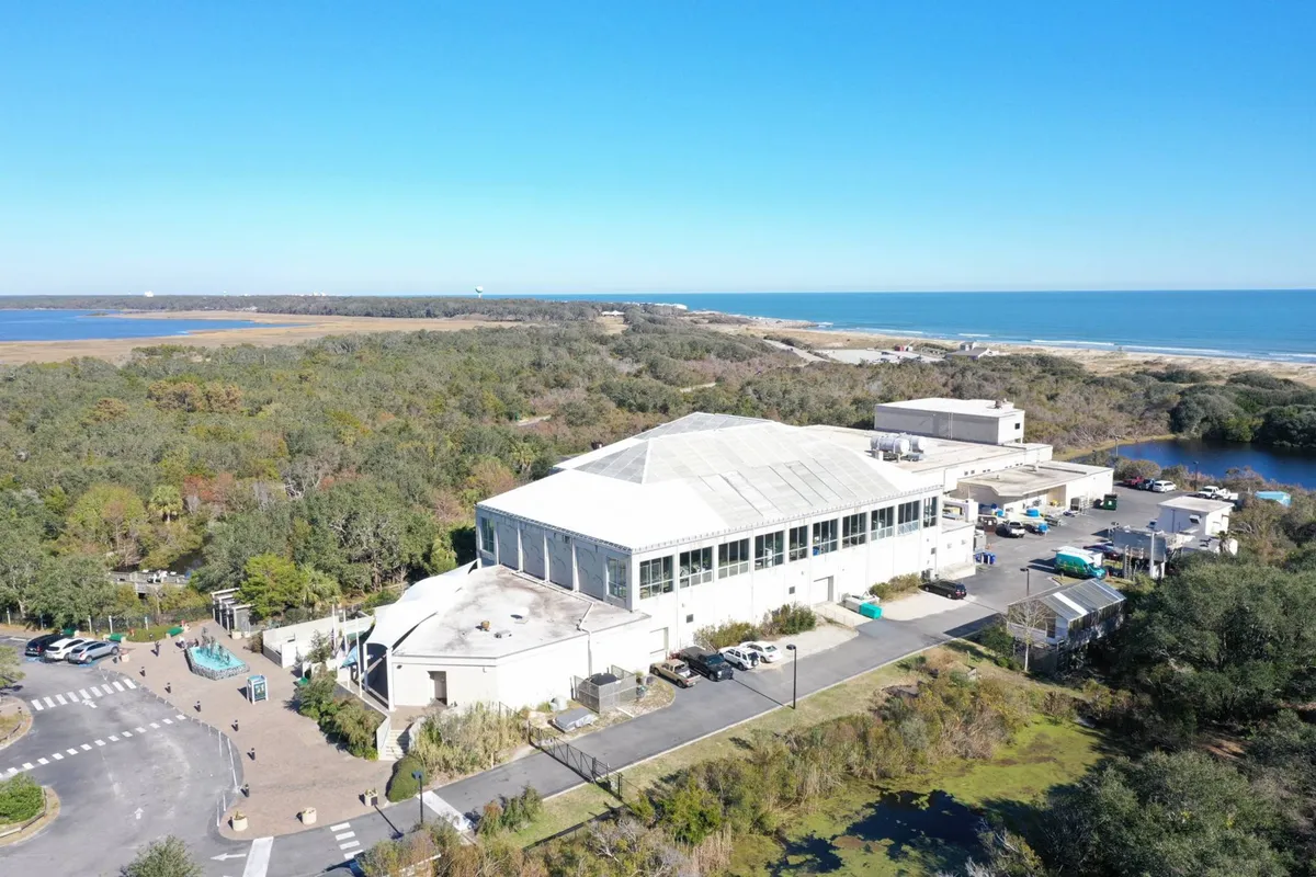 The exterior of a large building is shown, surrounded by greenery and with a clear view of the ocean in the background. There is a parking area nearby, emphasizing easy access and proximity to the beach and local attractions.